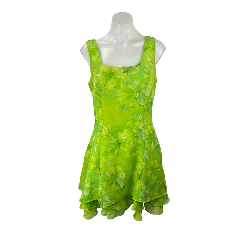 Georgiou Green Floral Sleeveless Square Neck ruffle Fit & Flare Mini Dress Sz M